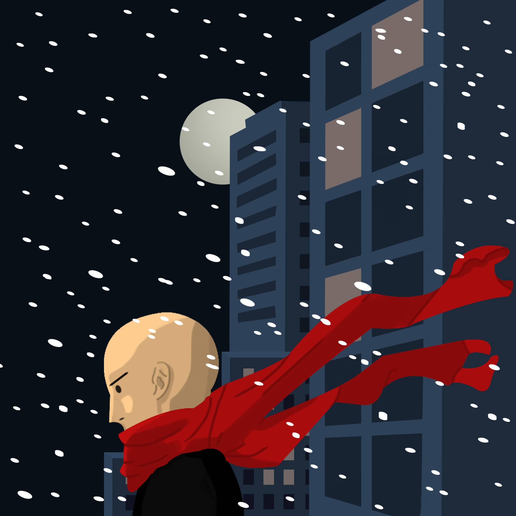 An illustration of a bald man wearing a red scarf standing on a rooftop on a snowy night